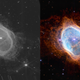 A black-and-white image of a nebula is contrasted with a full-color image, the result of processing work by scientists.